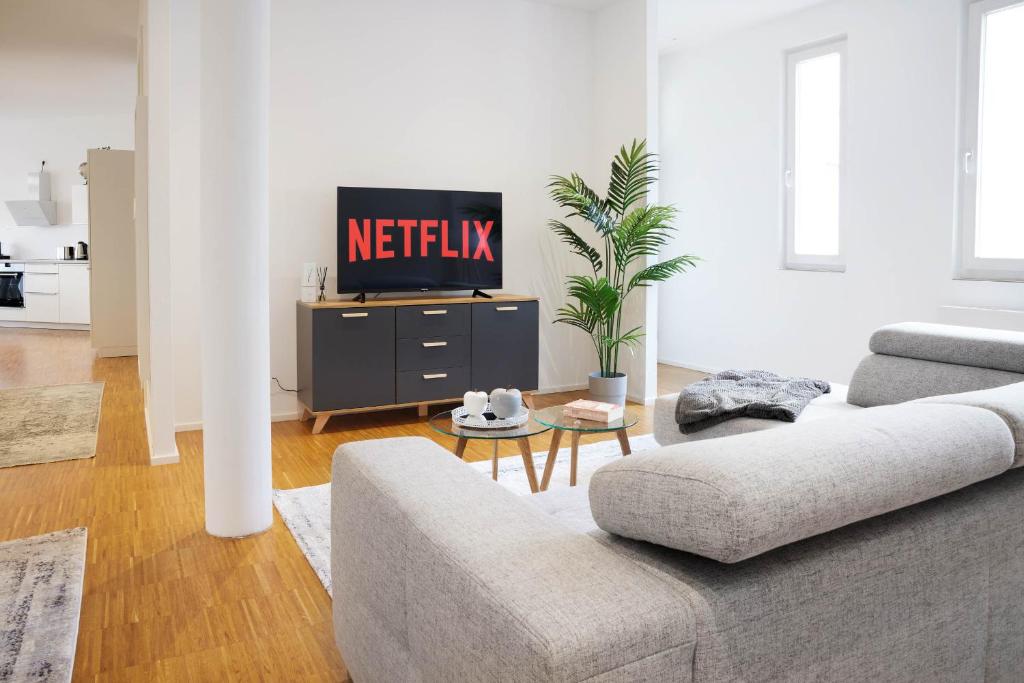 IDEE Living Design Apartment NETFLIX 6 Pers في فاينهايم: غرفة معيشة مع أريكة وتلفزيون