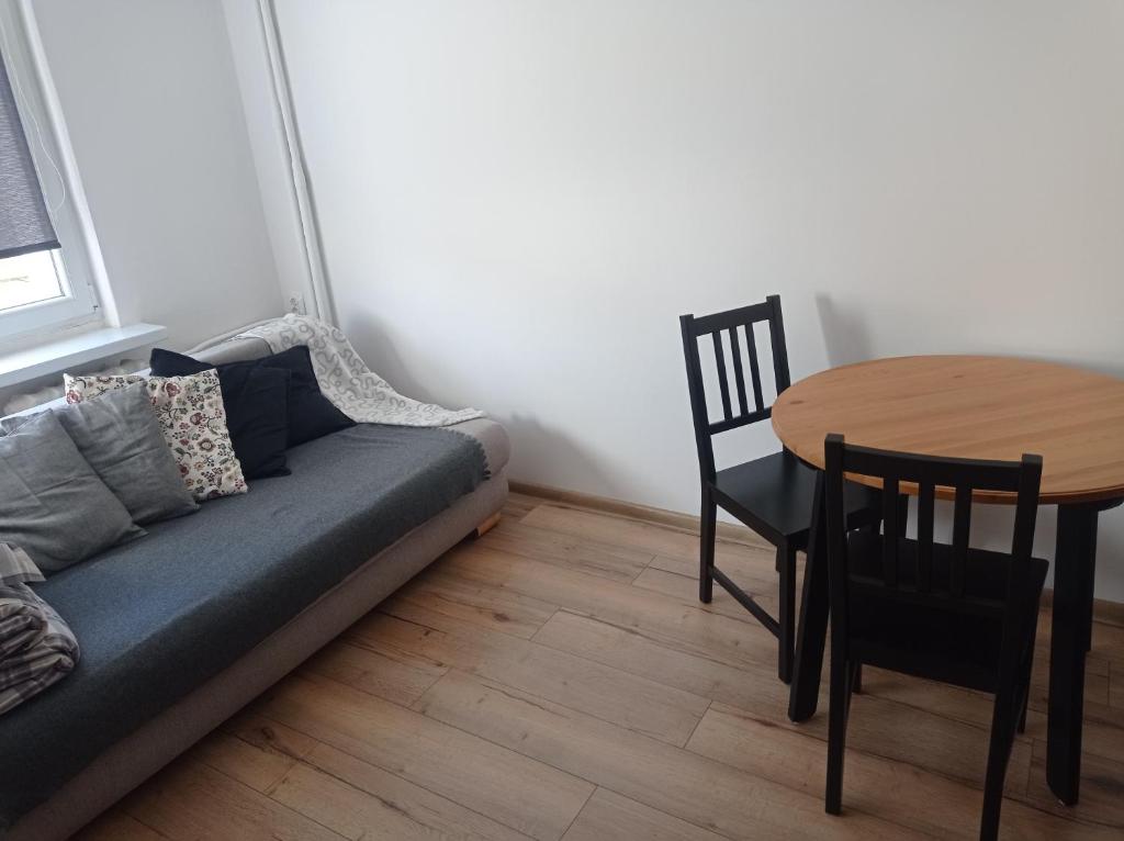 een woonkamer met een bank en een tafel bij Apartament No 40 in Łódź