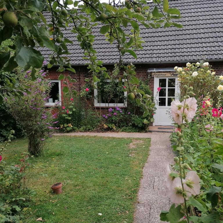 弗伦斯堡Ferienhaus Hygge的砖屋,有白色的门和一些花