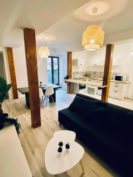 un salon avec un canapé et une table dans l'établissement Bel appart proche centre ville, thermes, casino, à Bagnères-de-Bigorre