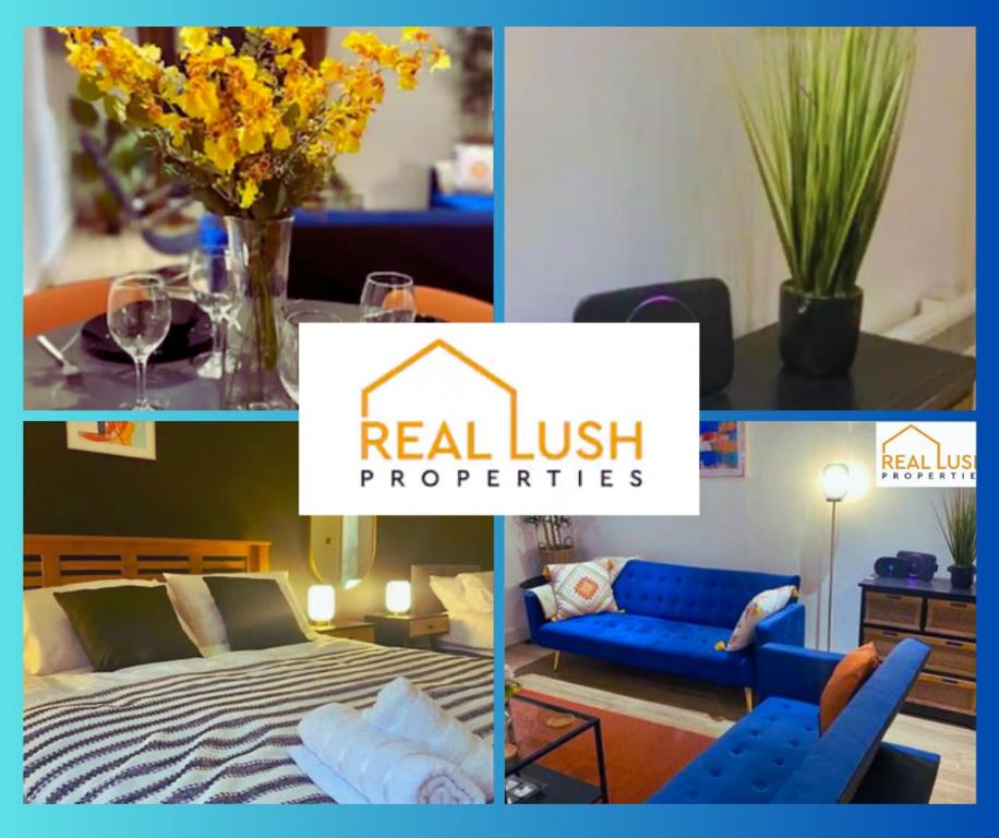 eine Collage mit Bildern eines Wohnzimmers mit blauen Möbeln in der Unterkunft Real Lush Properties - East Street - Luxury Two-Bedroom Apartment In Leicester in Leicester