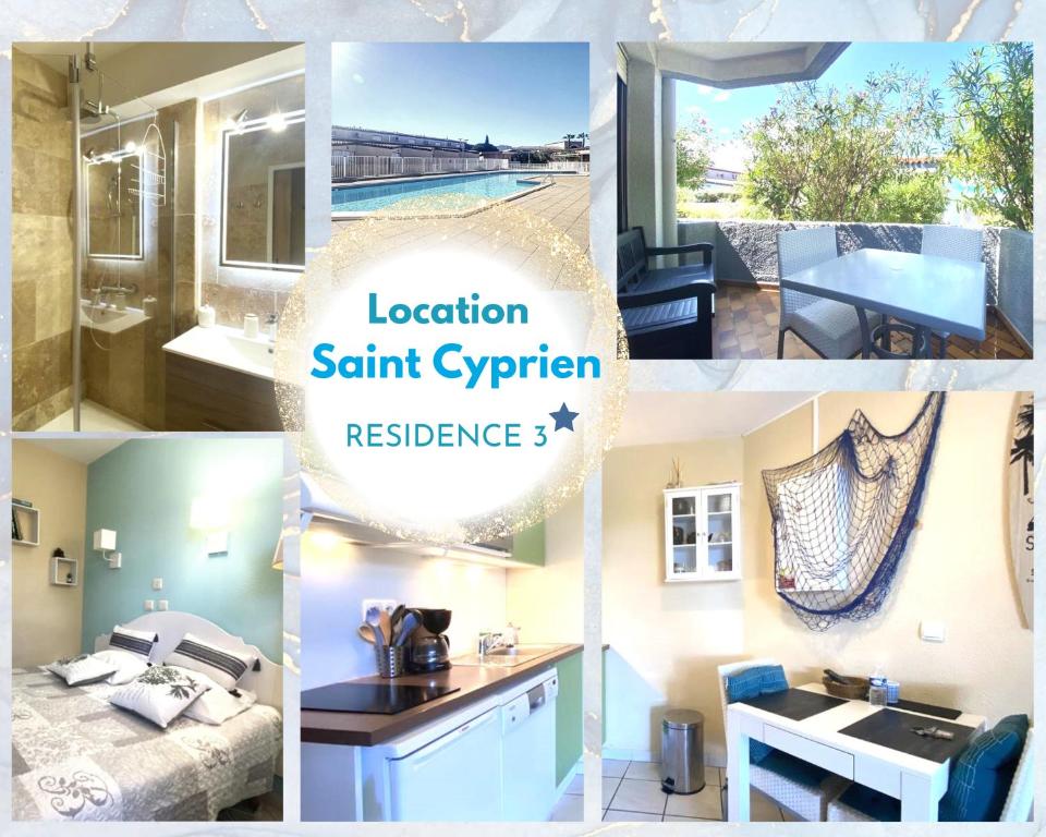 een collage van foto's van een resort met de woorden locatie santini systeem bij Appartement dans résidence les jardins de Neptune saint cyprien plage,piscine, jeux enfants in Saint-Cyprien