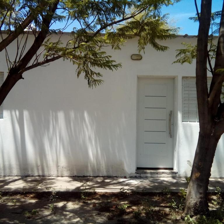un garage blanc avec une porte et un arbre dans l'établissement los jacarandaes, à San Isidro