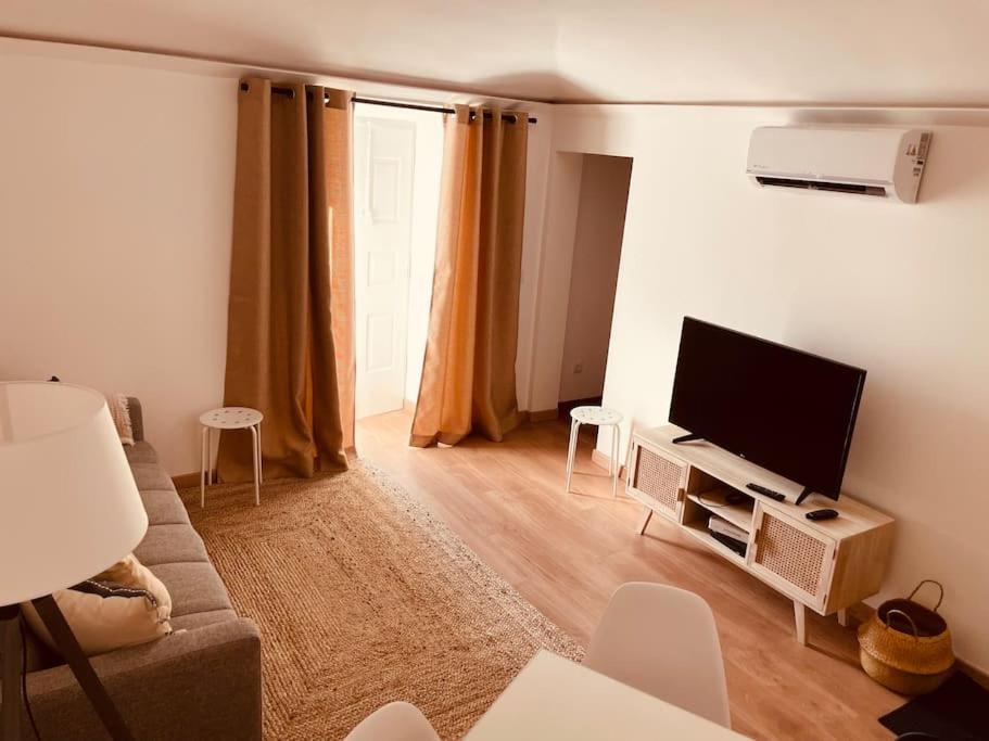 a living room with a couch and a flat screen tv at Casa Velha Estremoz in Estremoz