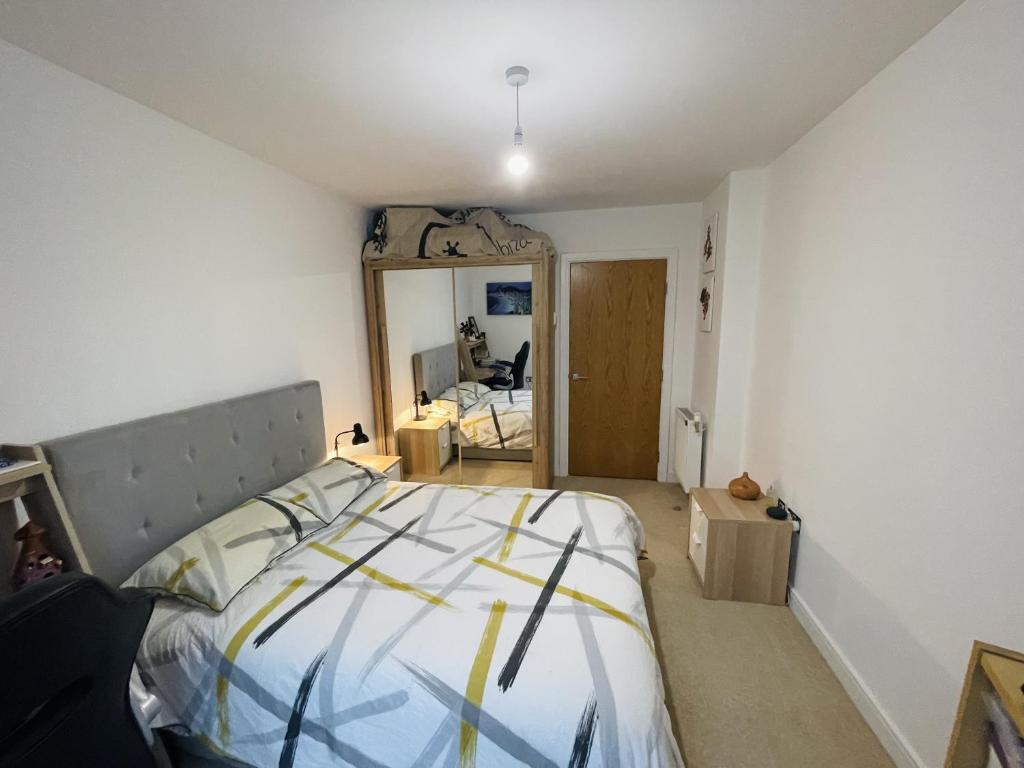 倫敦的住宿－Private room in modern flat in great location，一间卧室配有一张床和镜子