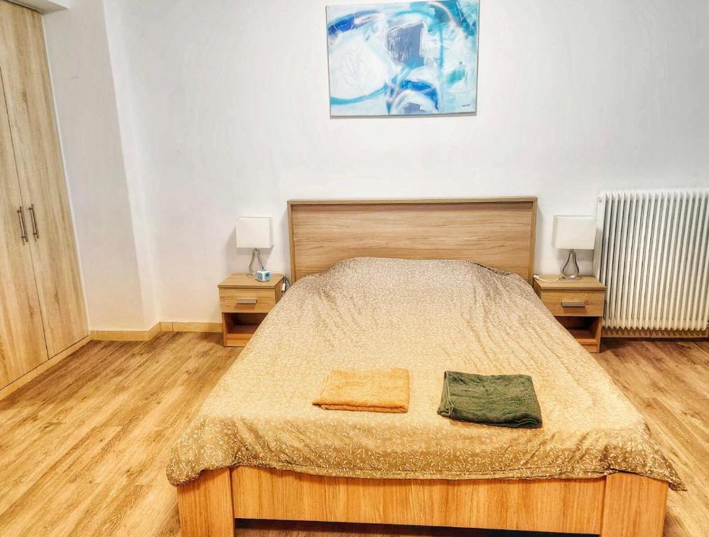 - une chambre avec un grand lit et 2 tables de chevet dans l'établissement ATTIKI metro 200m Cooking and laundry Comfort and convenience, à Athènes