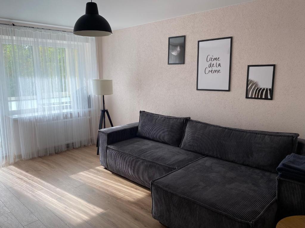 a living room with a black couch and a window at Cozy Two Room Apartment near city centre in Alytus