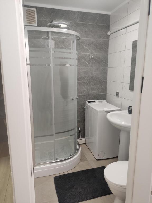 un bagno con doccia, WC e lavandino di Apart.Botanica a Chişinău