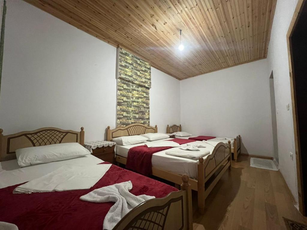 Habitación con 3 camas y ventana en Mikel Center Theth Guesthouse, en Shkodër