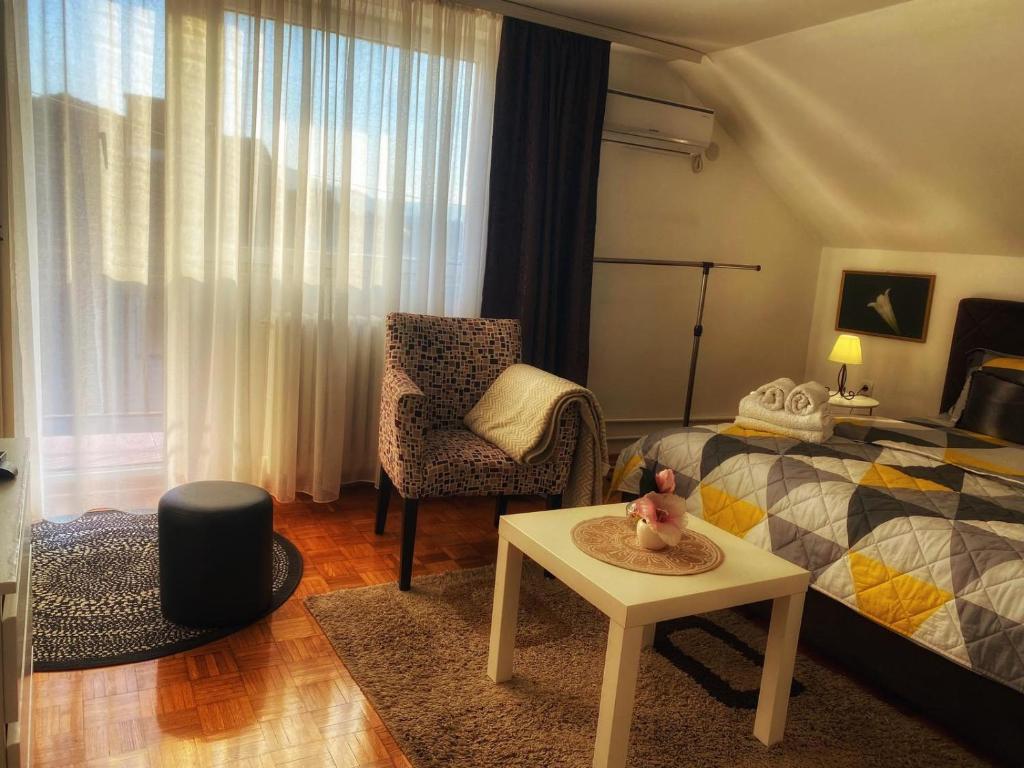 a bedroom with a bed and a chair and a table at Matejevic Apartments in Niš
