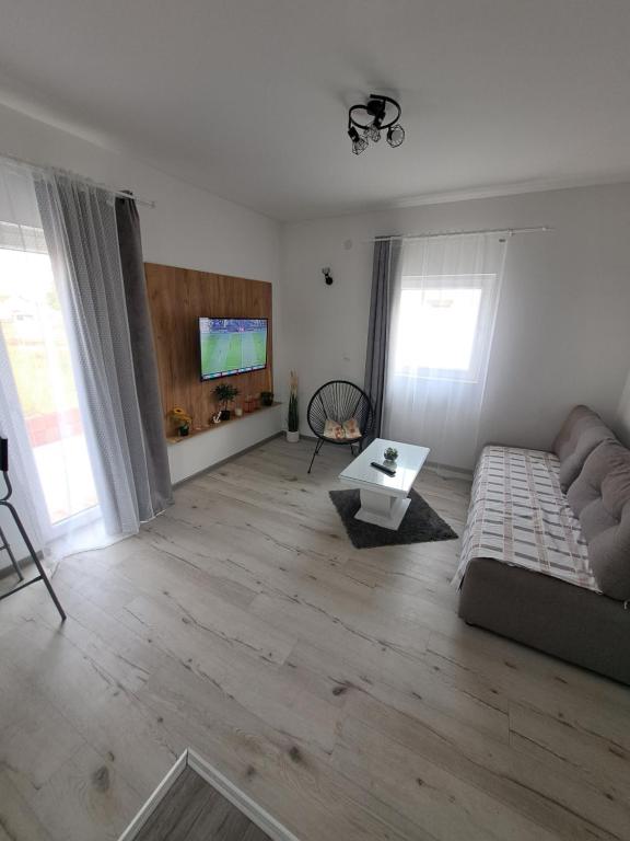 a living room with a couch and a flat screen tv at Apartment West Stara Pazova in Stara Pazova