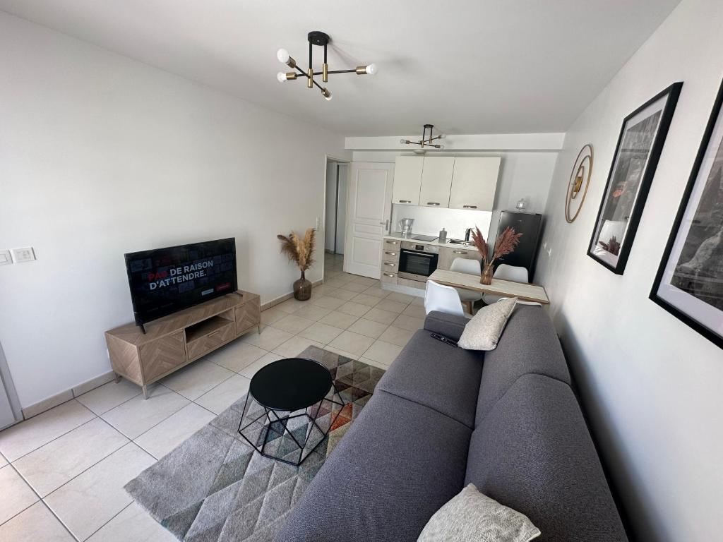 un salon avec un canapé et une télévision dans l'établissement Cosy 2 pièces à 1min à pied de la plage et proximité de la gare de train, à Juan-les-Pins