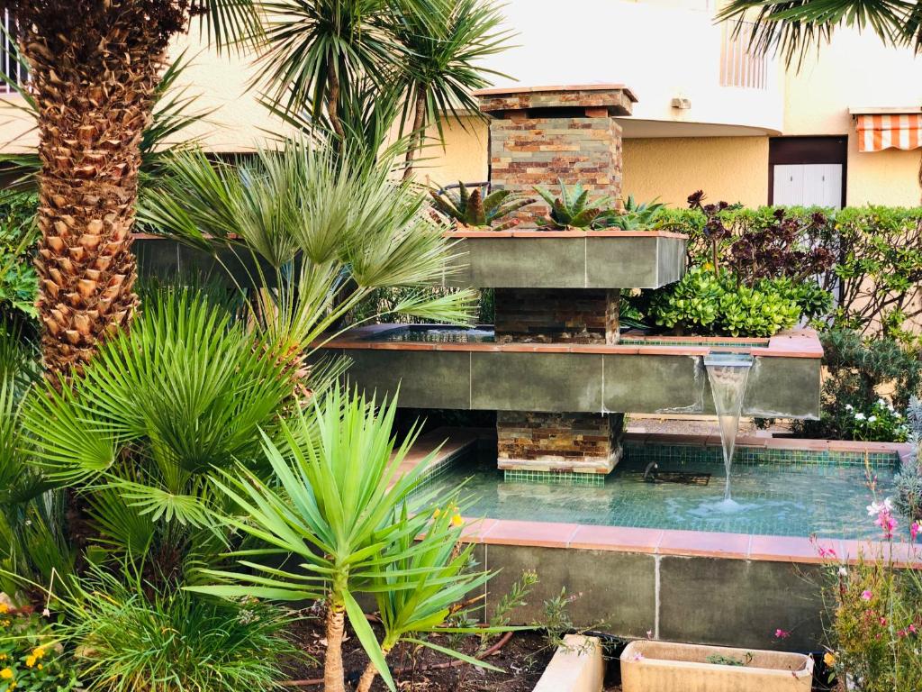 une piscine avec une fontaine dans le jardin dans l'établissement Appartement T2-48M2 ā Santa Lucia Saint Raphaël, à Saint-Raphaël