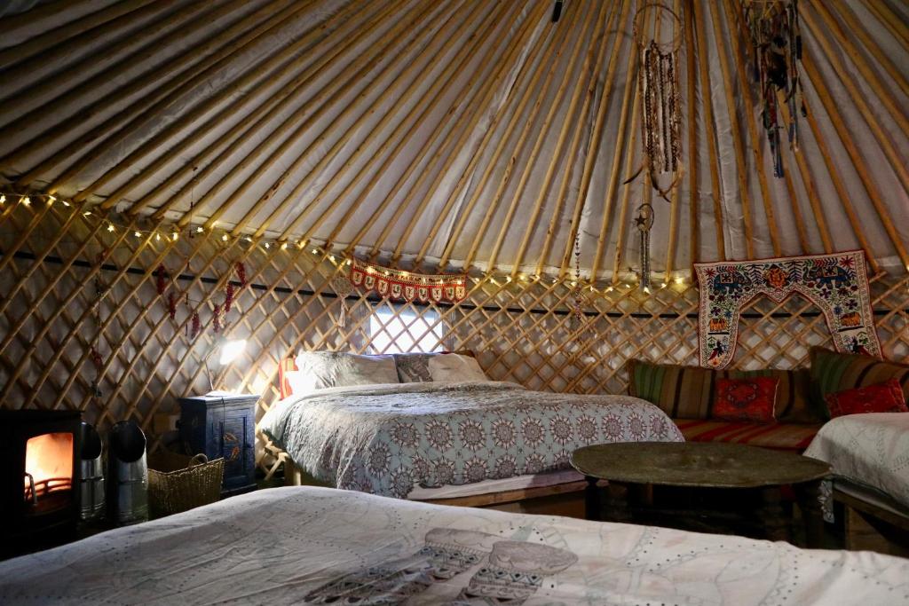 a yurt bedroom with two beds and a table at 2 Luxury Yurts & Barn Kitchen Big Garden- Sleeps 9 in Llanelian-yn-Rhôs