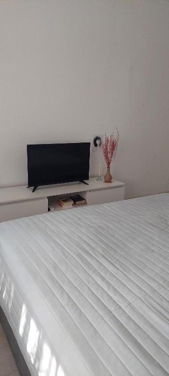 een slaapkamer met een bed en een flatscreen-tv bij Квартира в отличном районе с евро ремонтом in Alma-Ata