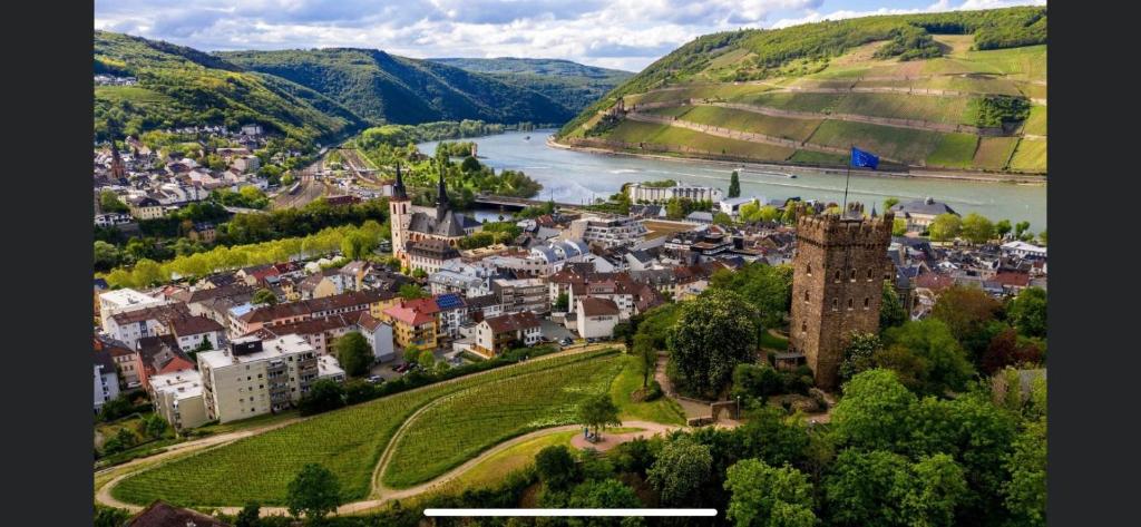 an aerial view of a town next to a river at HomeSweetHome#Bingen in Bingen am Rhein