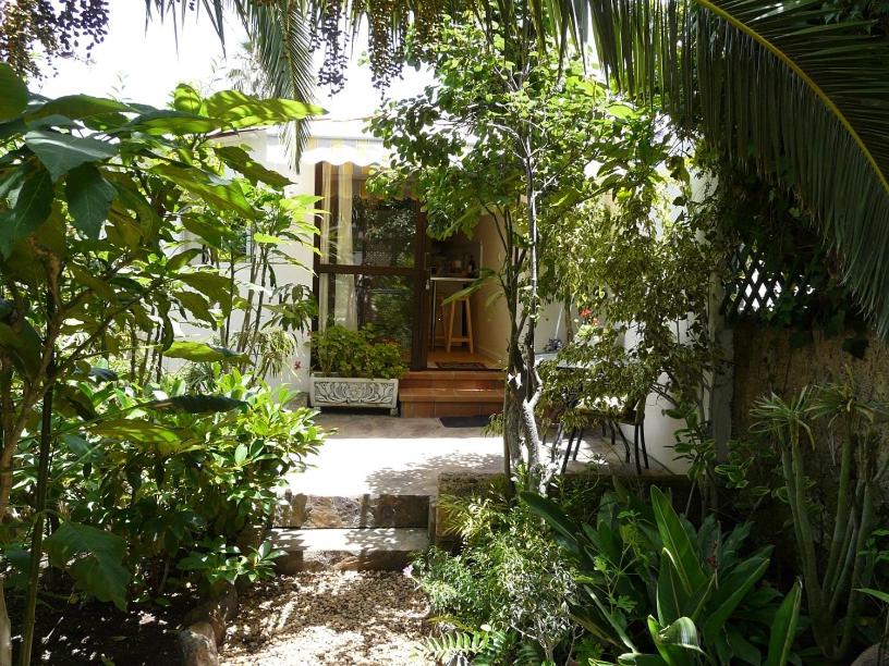 una puerta delantera de una casa con árboles y plantas en Casa Flora Loft Studio, en Sauzal