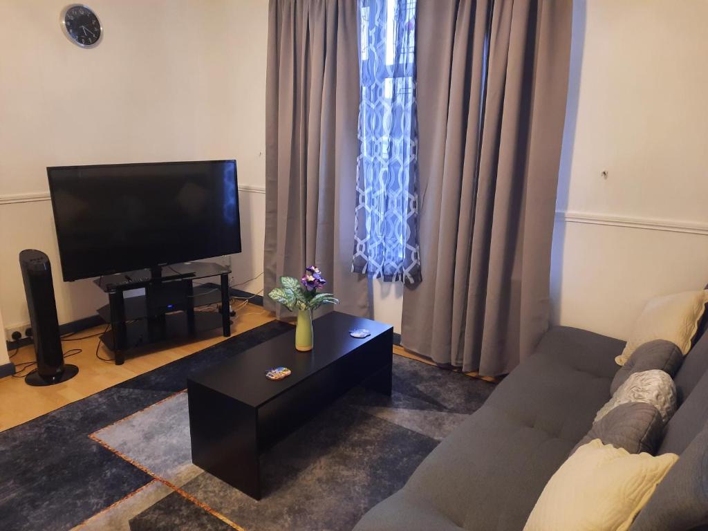 a living room with a couch and a flat screen tv at 47R Place in Dagenham