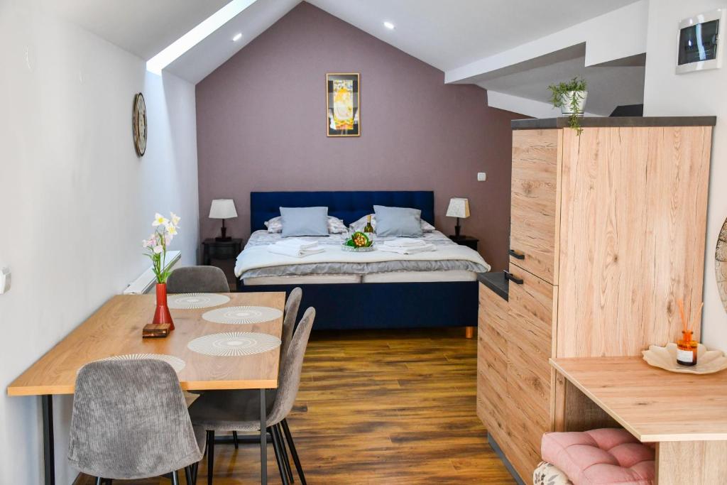 um quarto com uma cama, uma mesa e cadeiras em Studio apartment OAZA em Sisak
