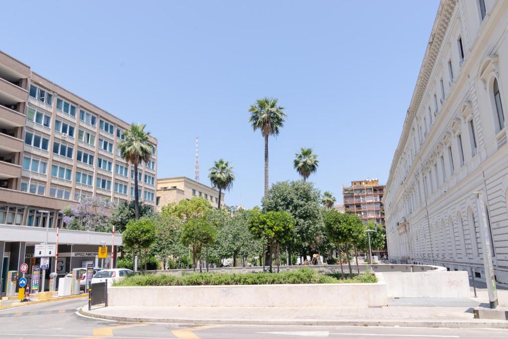 una strada in una città con palme ed edifici di GUESTHOUSE GRANDI STAZIONI _ bari centro s.l._ a Bari