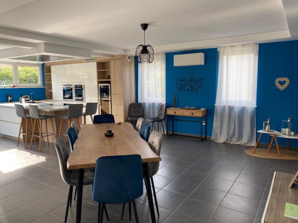 ストラスブールにあるVilla Exclusiveの青い壁のキッチン(テーブル、椅子付)