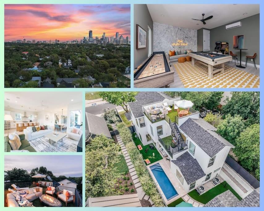 eine Collage von Bildern eines Hauses mit einer Stadt in der Unterkunft Clarksville Mansion with Breathtaking Skyline View in Austin