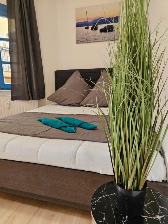 a bedroom with a bed and a potted plant at B&R Ganze Apartment Süd Nürnberg in Nürnberg