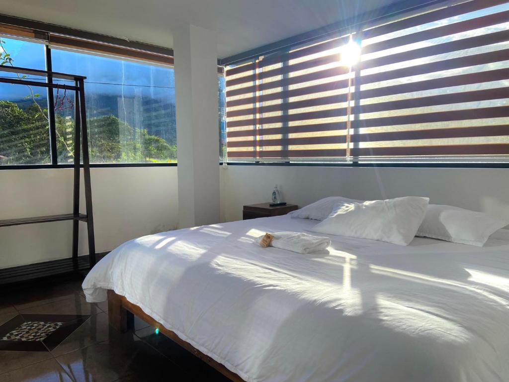 a bedroom with a white bed with a cat laying on it at La Casa del Marqués Hotel in El Chaco