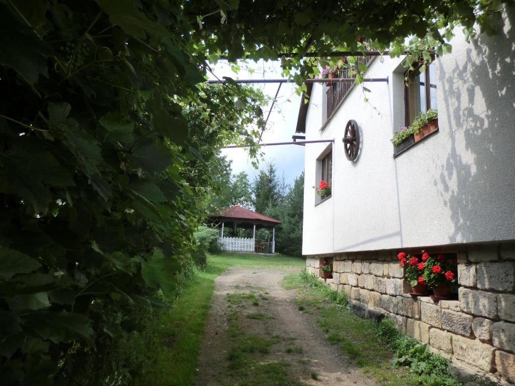 un chemin de terre à côté d'un bâtiment blanc fleuri dans l'établissement Guesthouse Prachovské skály, à Blata