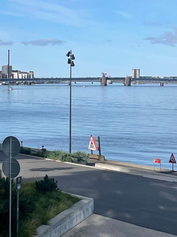 una vista de un río con un puente en el fondo en Stjernepladsen, en Aalborg