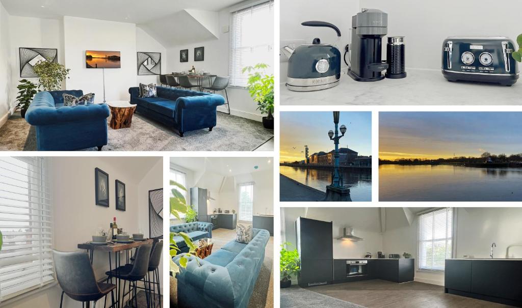 a collage of different pictures of a living room at Perfectly located City Centre apartments in Exeter