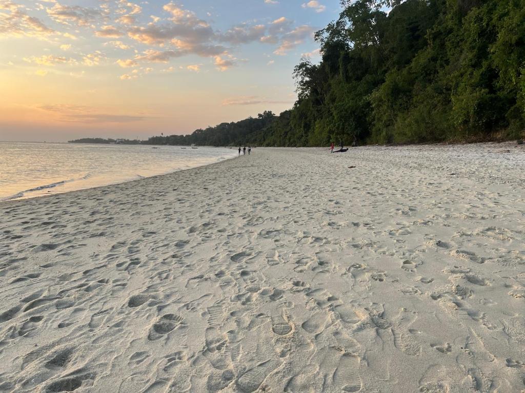 a sandy beach with footprints in the sand at The Cliff 2 Bedroom Beach Apartment in Mazizini