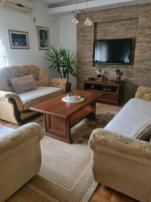 Sala de estar con 2 sofás y mesa de centro en Luxury Apartment, en Mladenovac