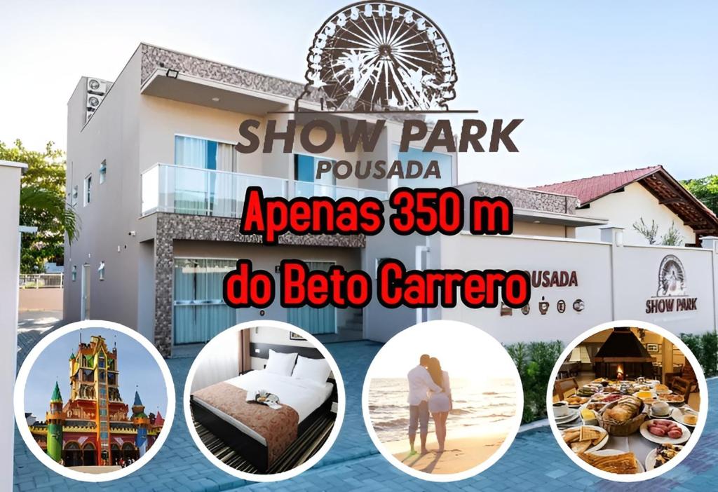 a collage of photos of a hotel with a theme park at Pousada Show Park in Penha