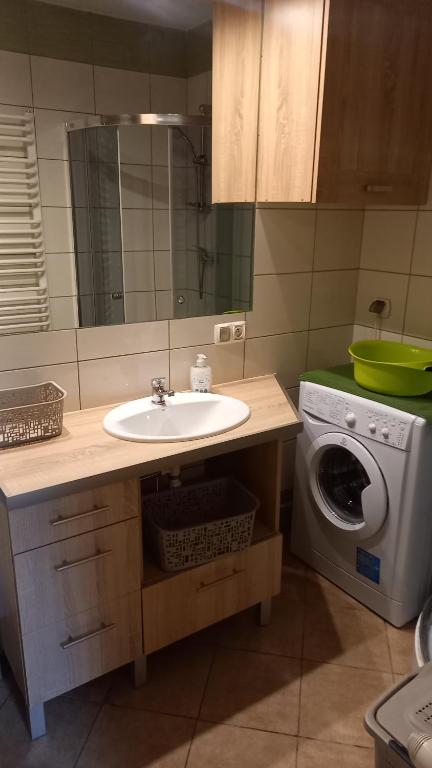 a bathroom with a sink and a washing machine at Kora in Sosnowiec