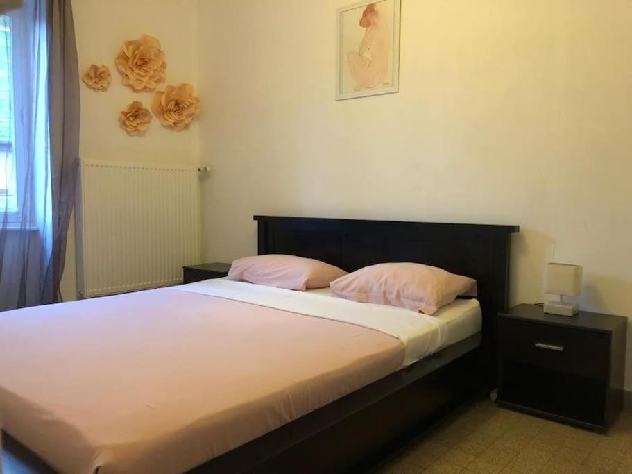 a bedroom with a bed with two pink pillows at Appartement proche du PAL in Dompierre-sur-Besbre