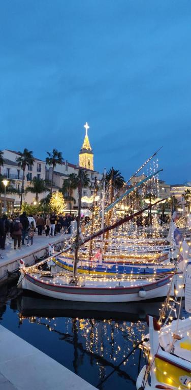 un groupe de bateaux avec des feux de Noël dans un port dans l'établissement Appartement T2 46m2 avec grande terrasse, à Sanary-sur-Mer