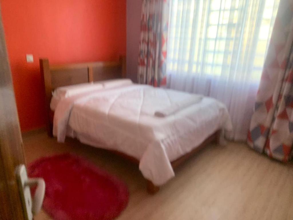 a bedroom with a bed and a red wall at Happy home from home in Kitengela 