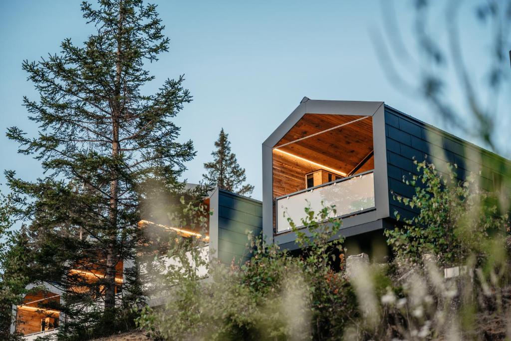 a house on a hill with trees in the foreground at Brandlalm Tinys in Gundisch