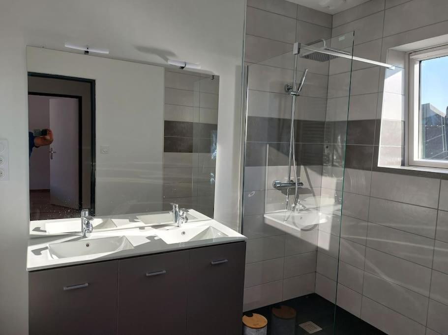 een badkamer met een wastafel en een glazen douche bij Appartement 4 chambres moderne centre ville in Auray