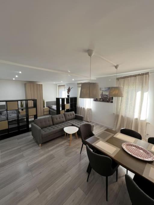 ein Wohnzimmer mit einem Sofa und einem Tisch in der Unterkunft MG15 Schönes Maisonette Apartment in schöner Lage in Mönchengladbach