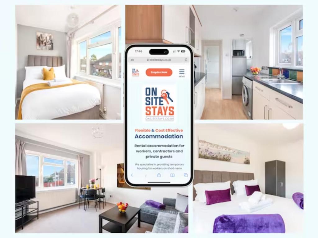 un collage de photos d'une chambre d'hôtel dans l'établissement OnSiteStays - Cosy 2-Bedroom Apartment with Private Entrance & Long Stay Prices, à Gravesend