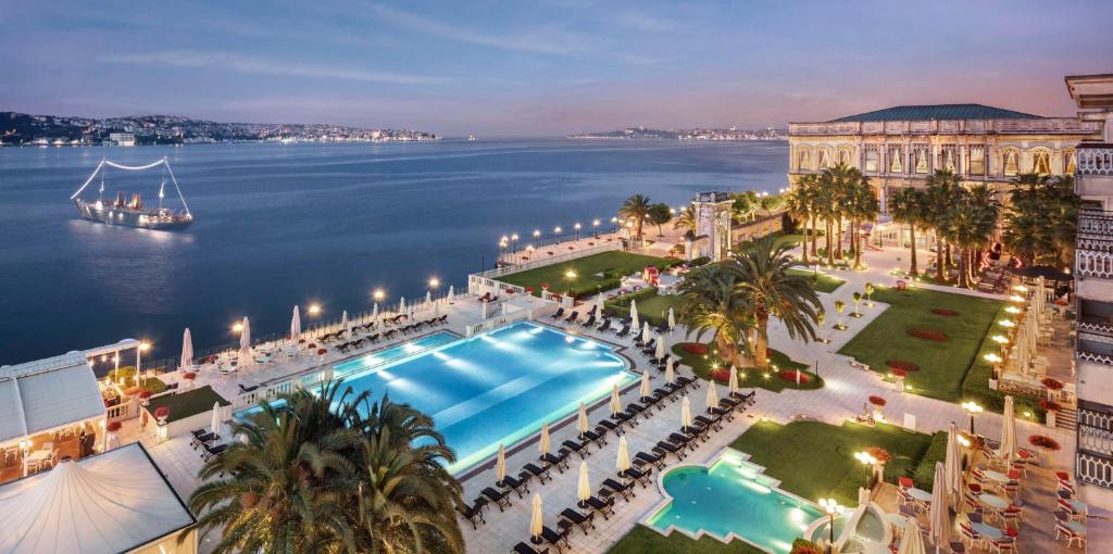 an overhead view of a resort with a large swimming pool at Çırağan Palace Kempinski Istanbul in Istanbul