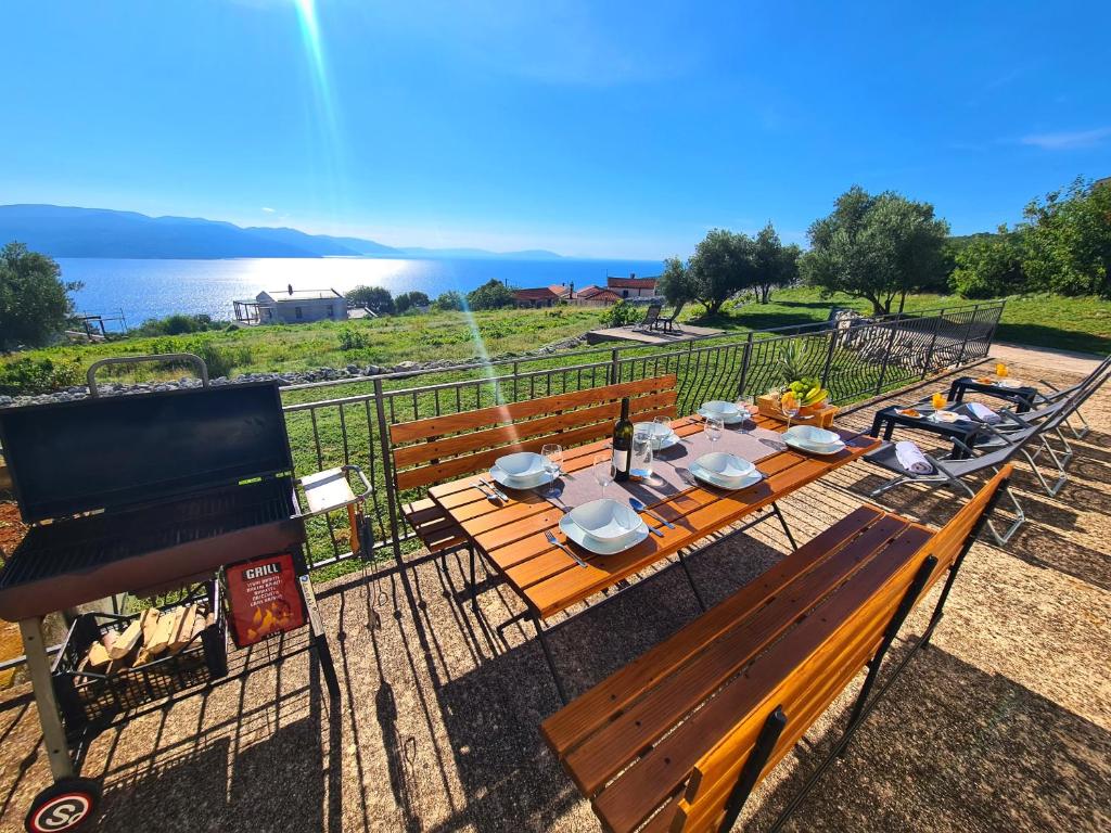 einem Picknicktisch mit einem Grill, einem Tisch und Bänken in der Unterkunft Guesthouse Villa Brestova in Plomin