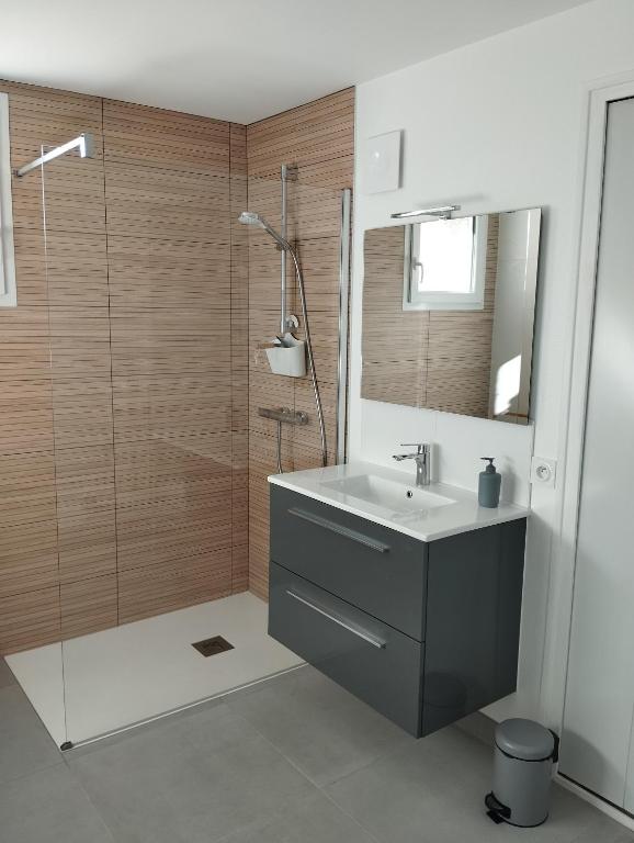 a bathroom with a sink and a shower at Maison au calme avec vue étang in Clessé