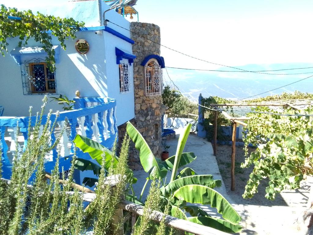 niebieski dom z płotem i roślinami w obiekcie Blue House Town w mieście Szafszawan