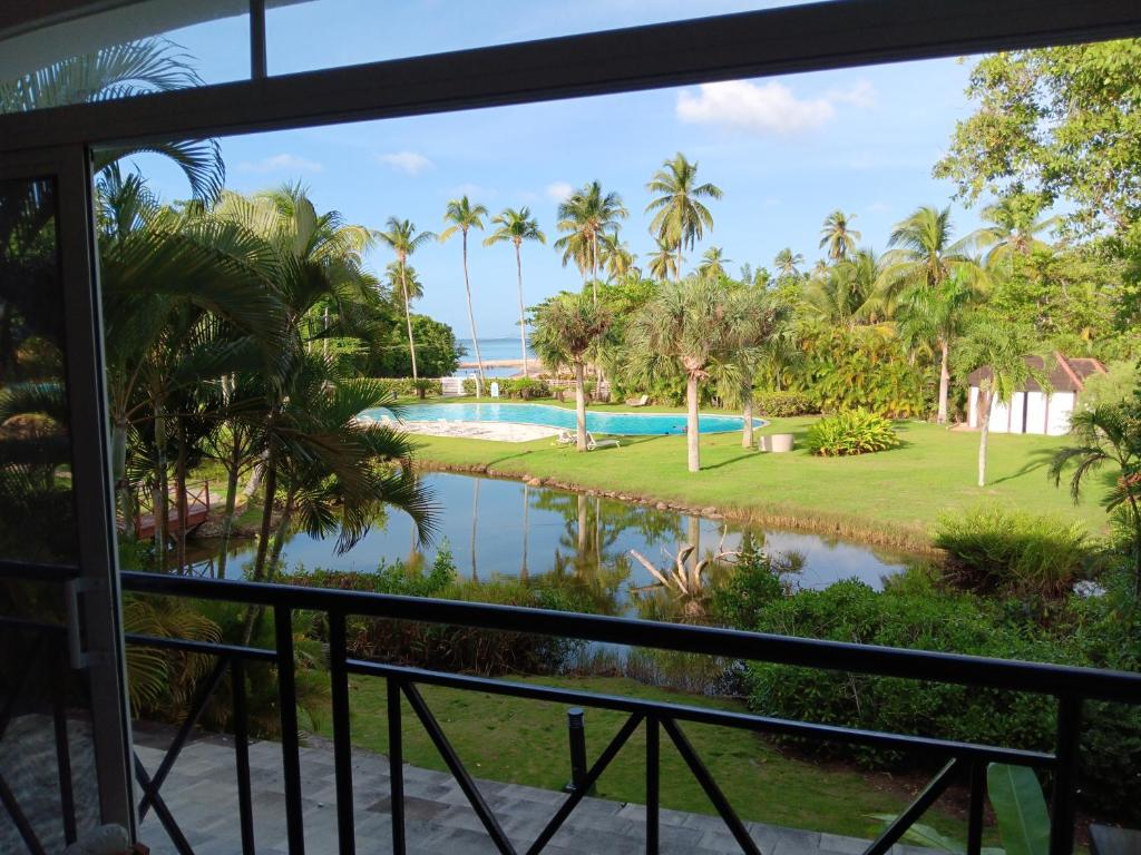 a view of the pool from the balcony at Newly Renovated Seaside Oasis at Bonita Village in Las Terrenas