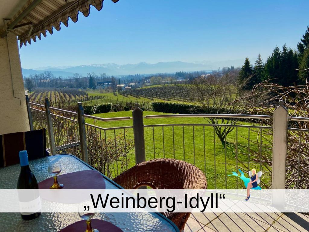 a table and chairs on a porch with a view of a vineyard at Ferienwohnung Weinbergidyll in Lindau