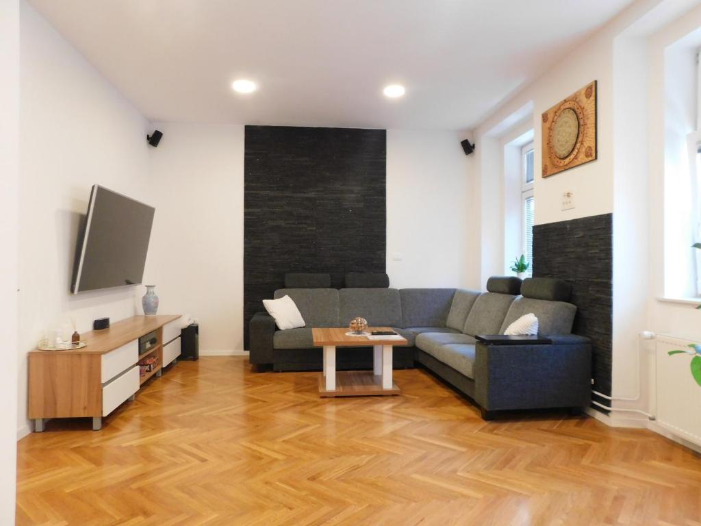 uma sala de estar com um sofá e uma televisão em Modern Apartment Hrenova Street em Ljubljana