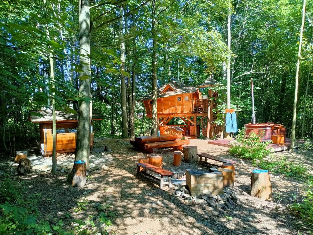 una cabaña de madera en el bosque con árboles en Treehous Sněžník s wellness, en Dolní Morava